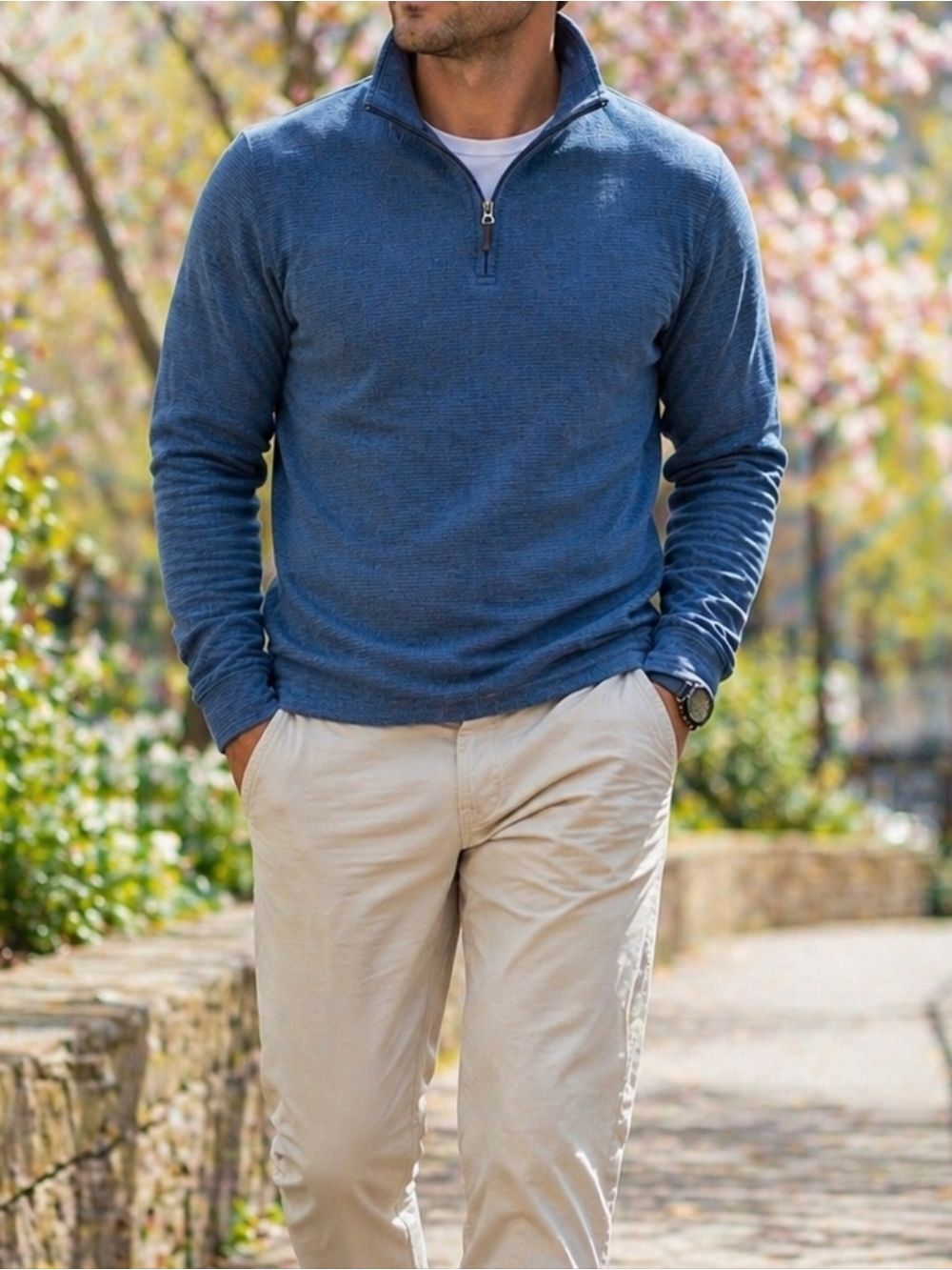 Robert Graham Blue Textured Fleece 1/4 Zip Pullover Classic Fit Men’s Sweater